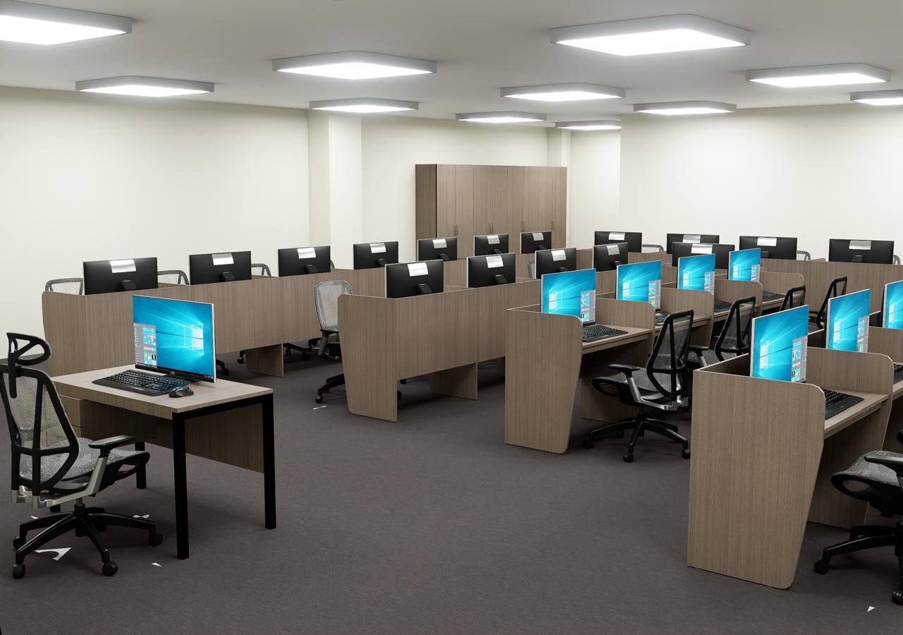 Computer lab with wooden desks and storage cabinets