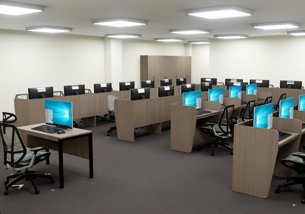 Computer lab with wood-finished desks