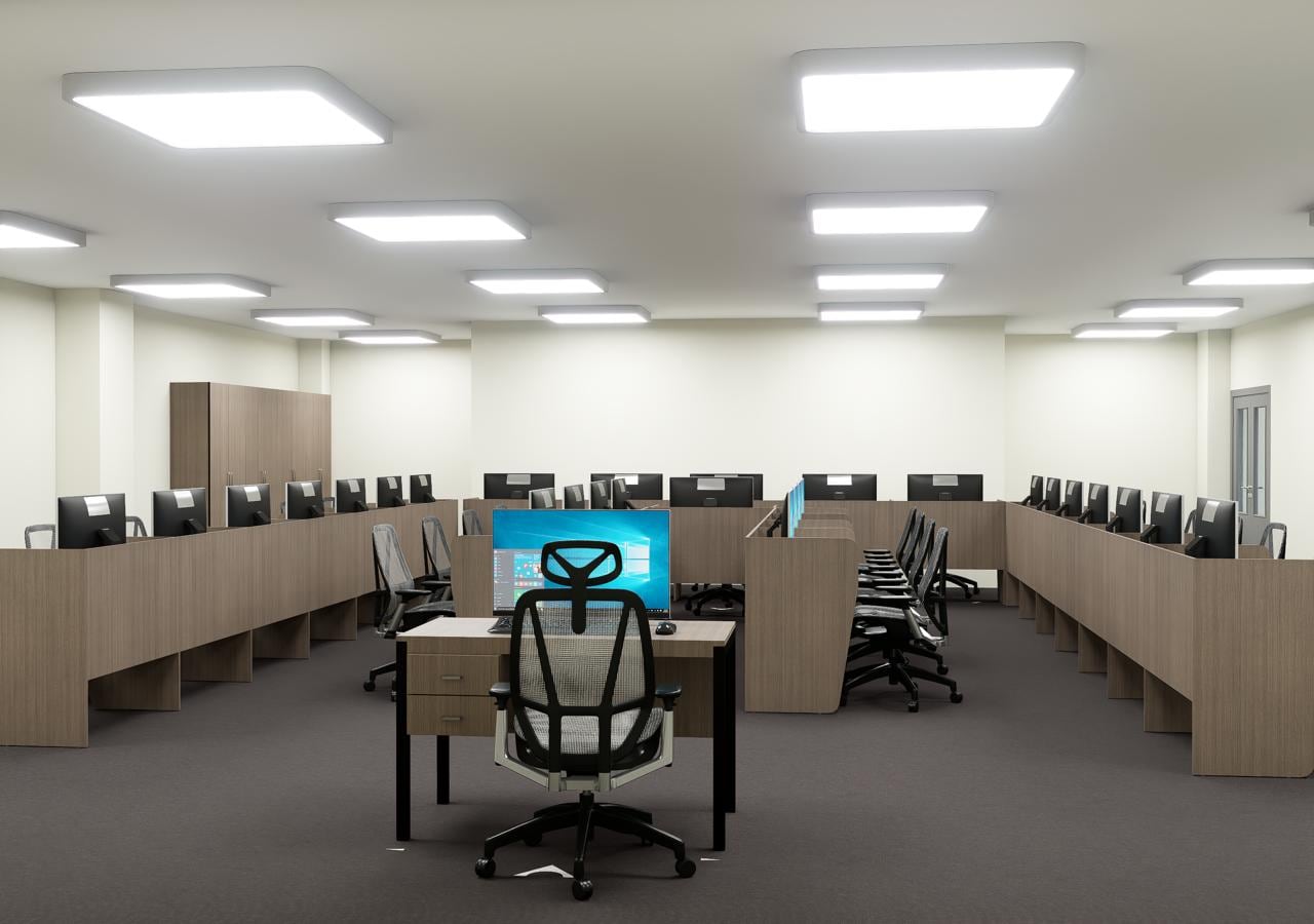 Computer lab with partitioned workstations