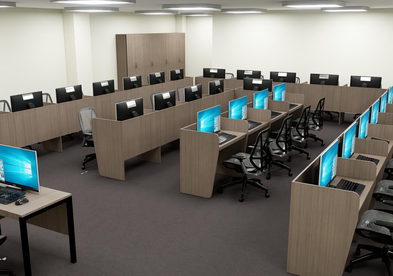 Office and computer lab with wooden desks
