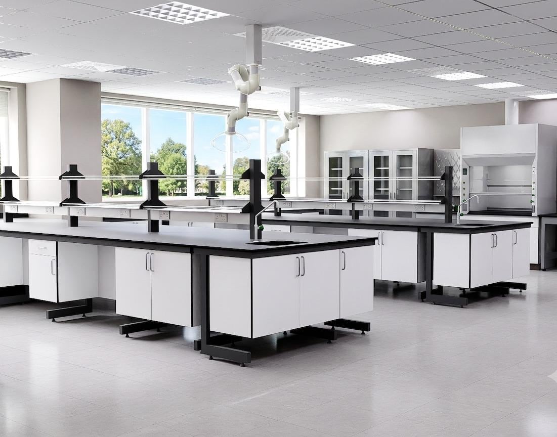 Science laboratory installation with modular workstations and sinks