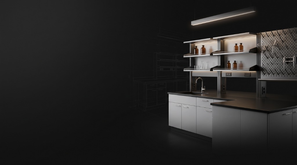 SpaceVision architectural laboratory layout and modular workbench design blueprint